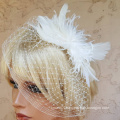 Feather Fascinator and French net birdcage veil, large feather headpiece and bridal veil, Bridal Hairpiece Set